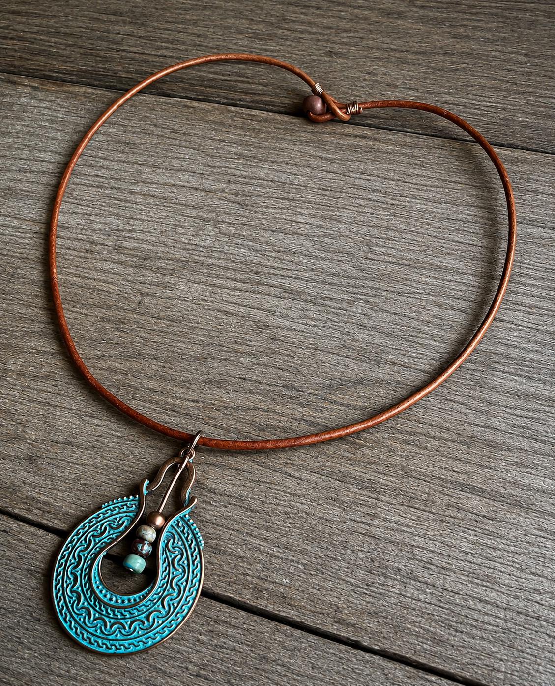 BohoWrapFrancesca Boho Leather Cord Necklace Copper Patina Pendant Beaded Jewelry