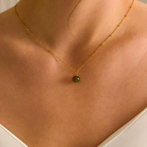 EcloraTreasures Natural Round Green Jade Necklace Gold Beaded Chain