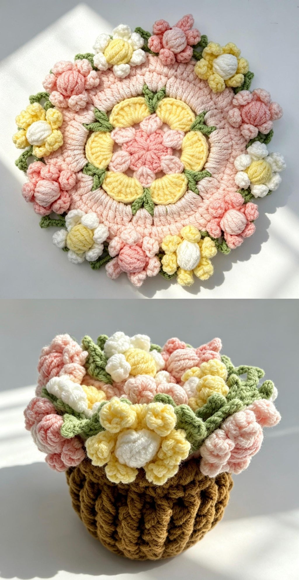 Handmade Crochet Flower Coaster Set with Basket Holder Cotton