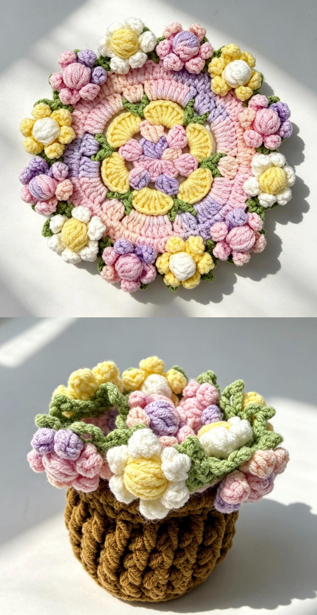 Handmade Crochet Flower Coaster Set with Basket Holder Cotton