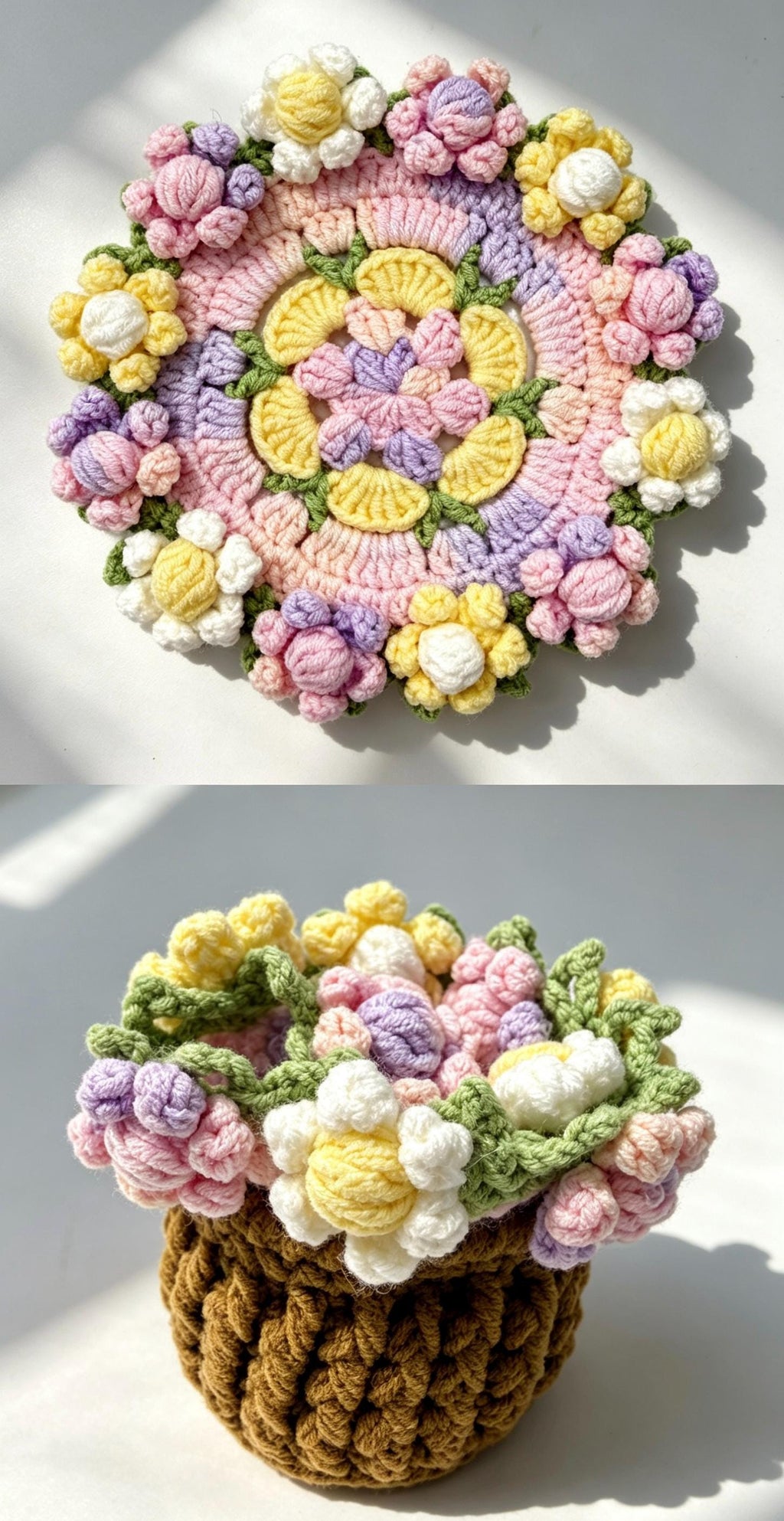 CrochetRecipe Morandi Corn Poppy Crochet Coaster Set Pastel 6in