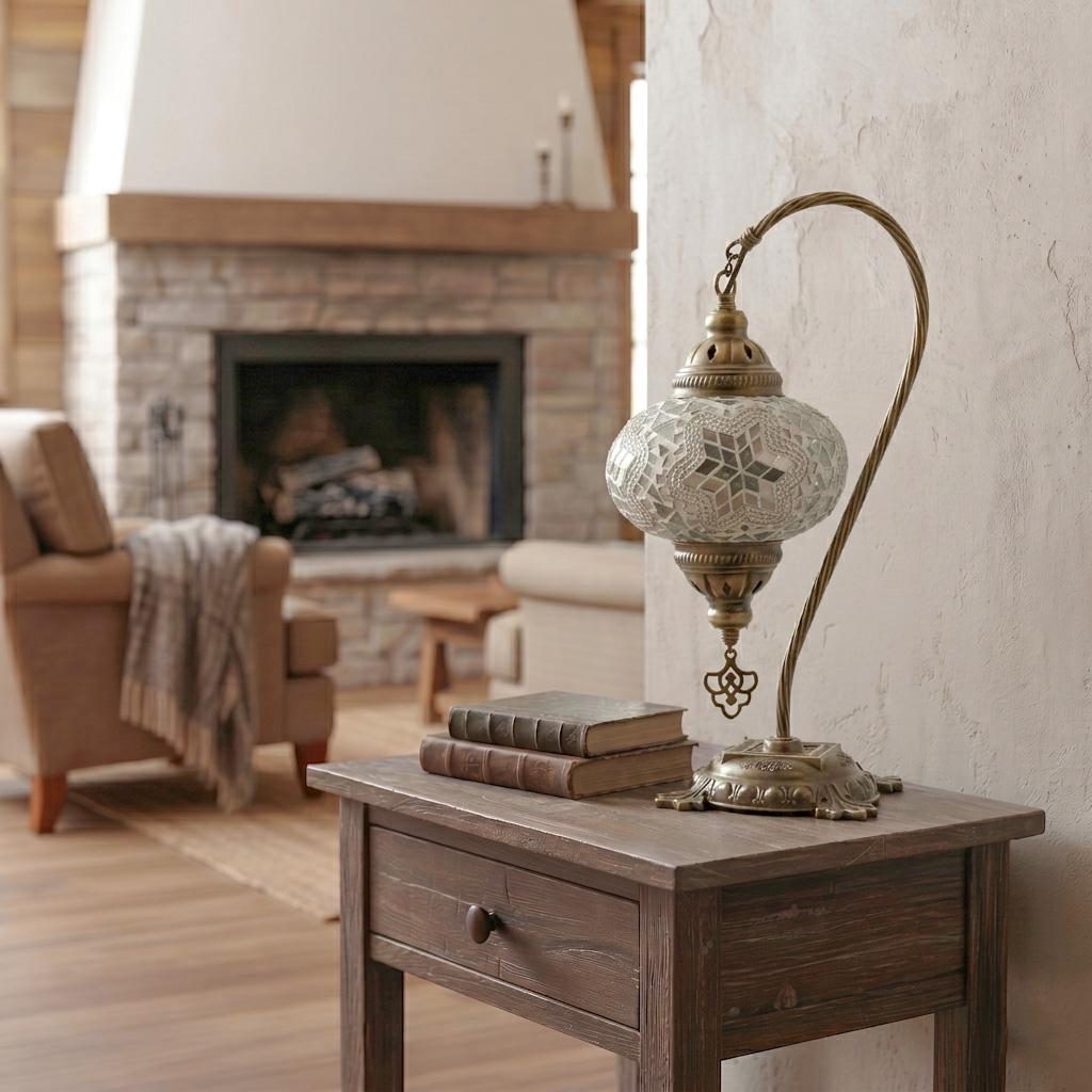 MoslandHome Handmade Turkish Moroccan Mosaic Table Lamp 16.5in White