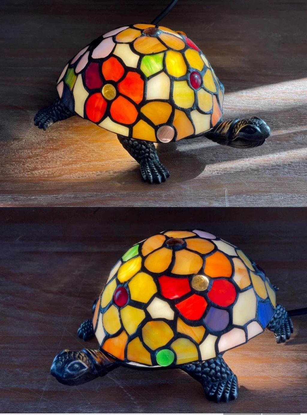 U2Antique Turtle Tiffany Mosaic Stained Glass Table Lamp Beige