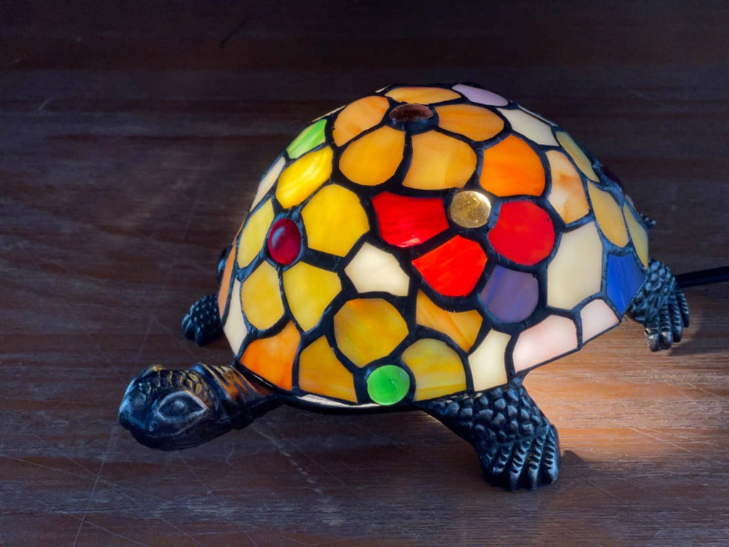 U2Antique Turtle Tiffany Mosaic Stained Glass Table Lamp Beige