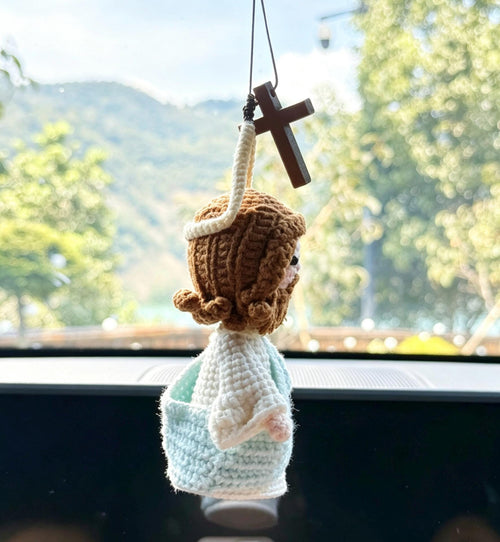 Crochetrecipe Handmade Crochet Jesus Figure Wooden Cross Hanging Car Ornament