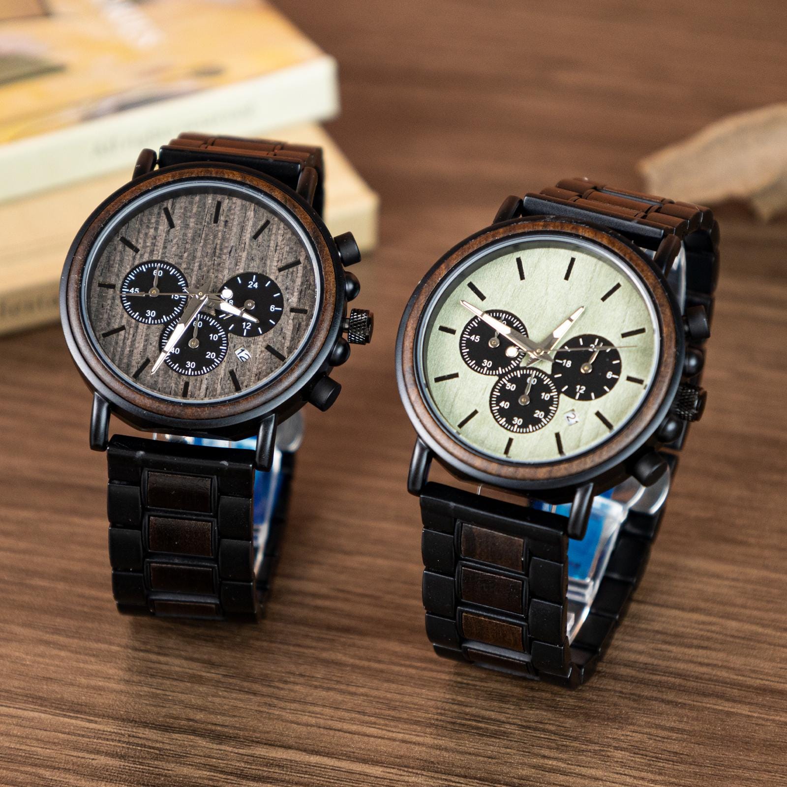 Oryeia Custom Engraved Chronograph Wood Watch for Men