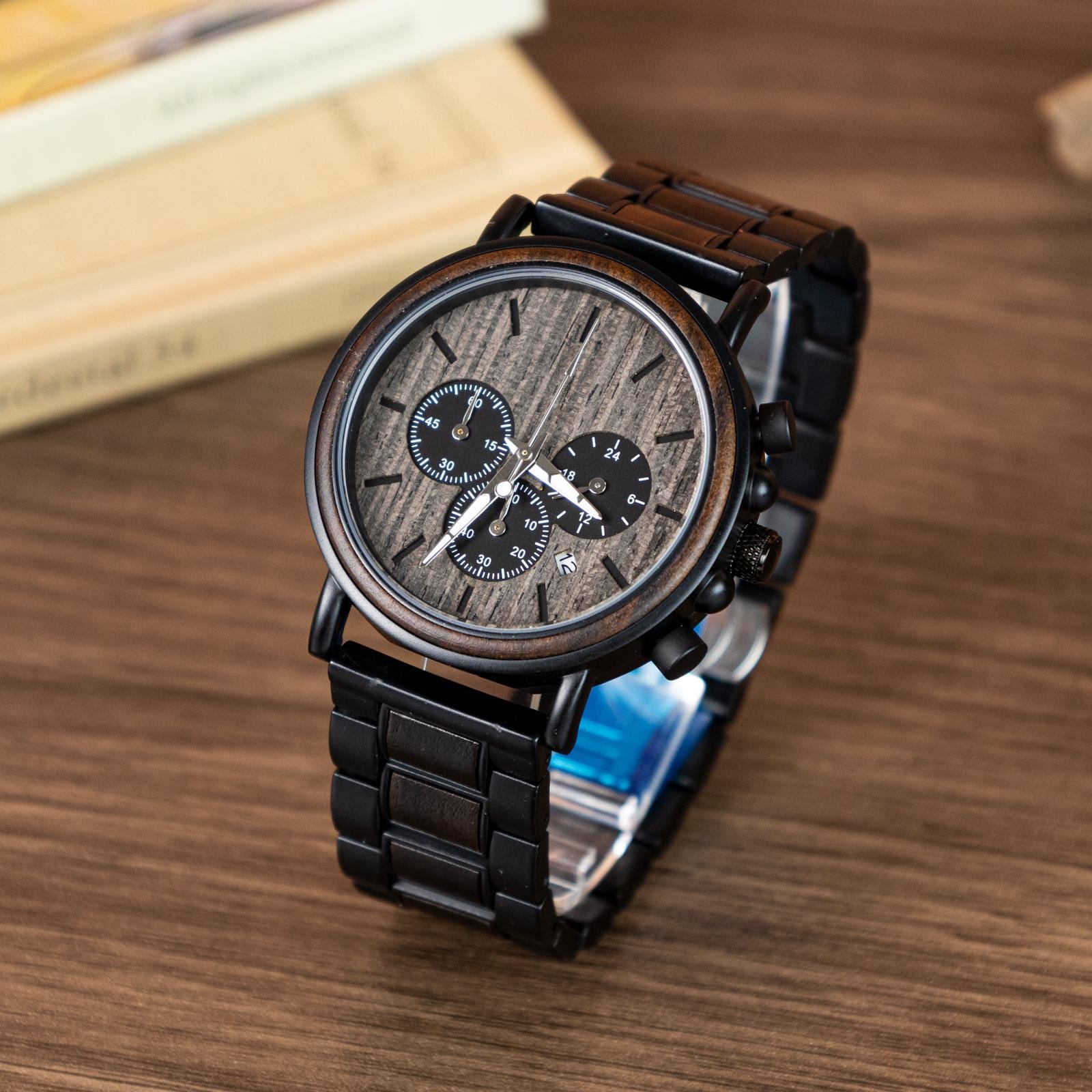 Oryeia Custom Engraved Chronograph Wood Watch for Men