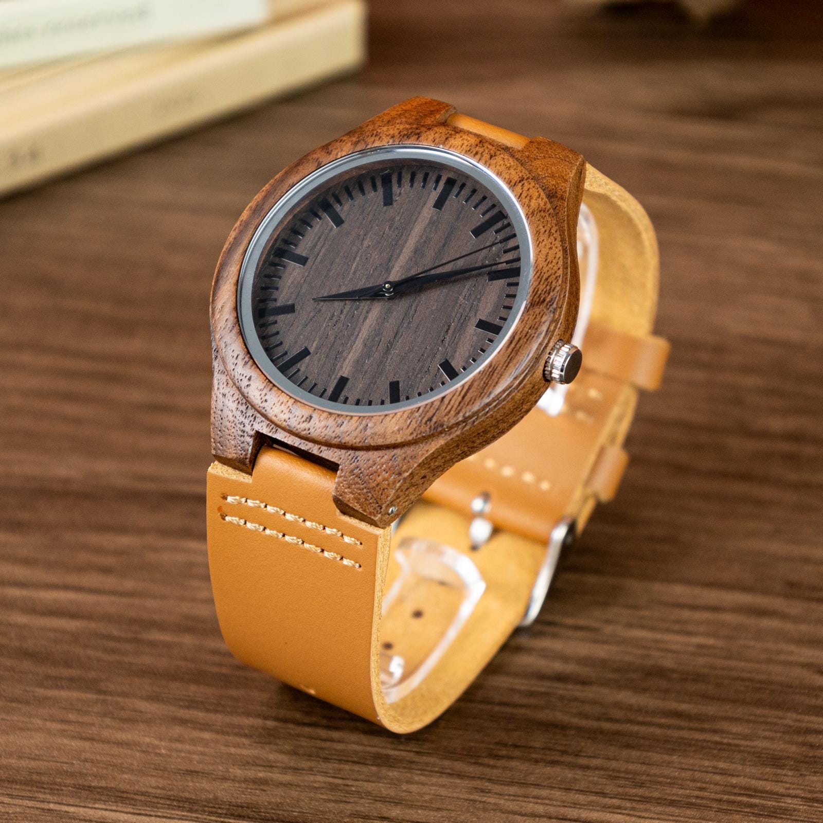 Oryeia Custom Engraved Natural Wooden Wristwatch with Leather Strap