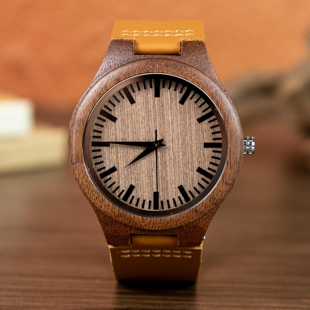 Oryeia Custom Engraved Natural Wooden Wristwatch with Leather Strap