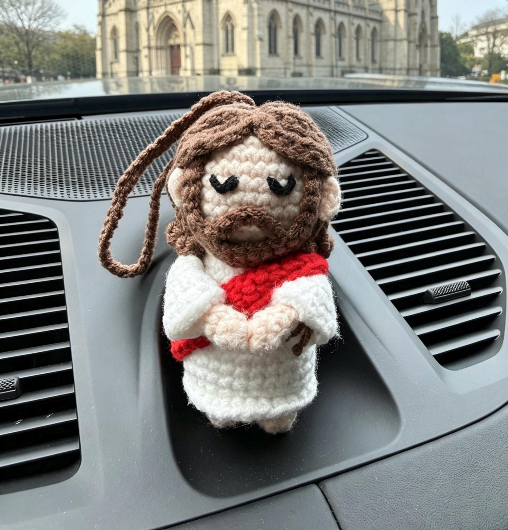 Crochetrecipe Handmade Crochet Jesus Figure Wooden Cross Hanging Car Ornament