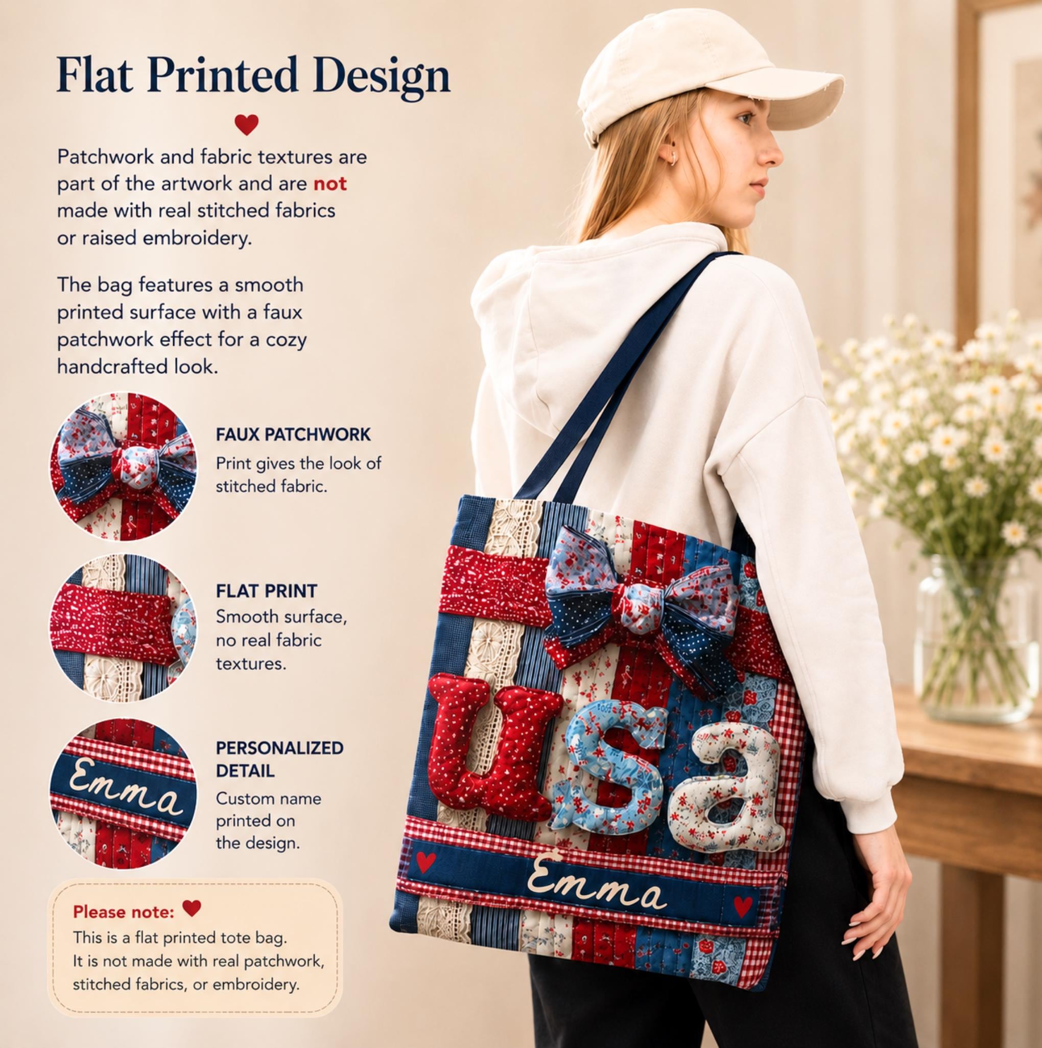 LELORESTORE Patriotic Floral Tote Bag American Flag Wildflower