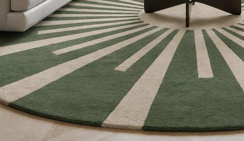 RugverseCreations Hand-Tufted Wool Round Rug with Sunburst Pattern Sage Green