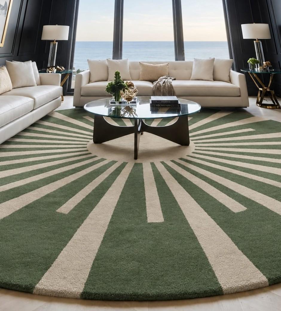 RugverseCreations Hand-Tufted Wool Round Rug with Sunburst Pattern Sage Green
