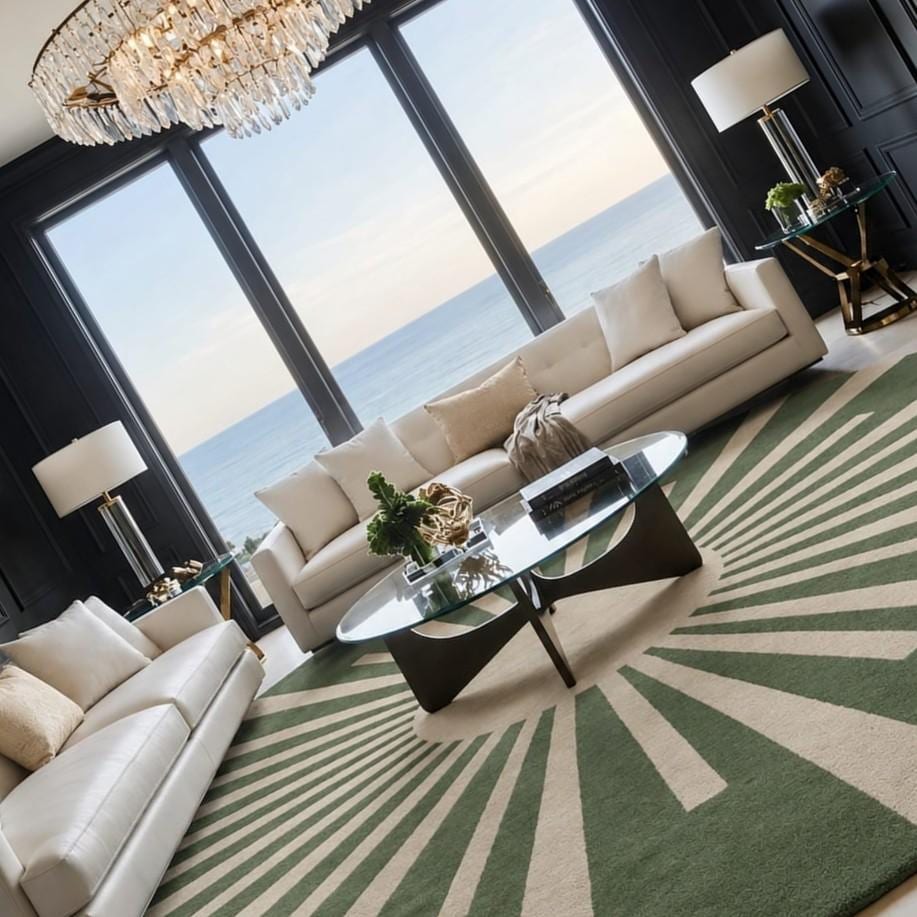 RugverseCreations Hand-Tufted Wool Round Rug with Sunburst Pattern Sage Green