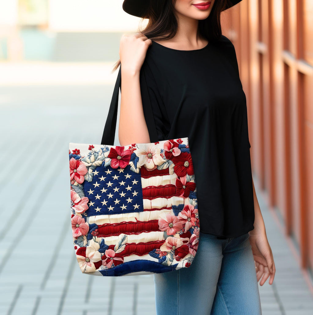 LELORESTORE Patriotic Floral Tote Bag American Flag Wildflower