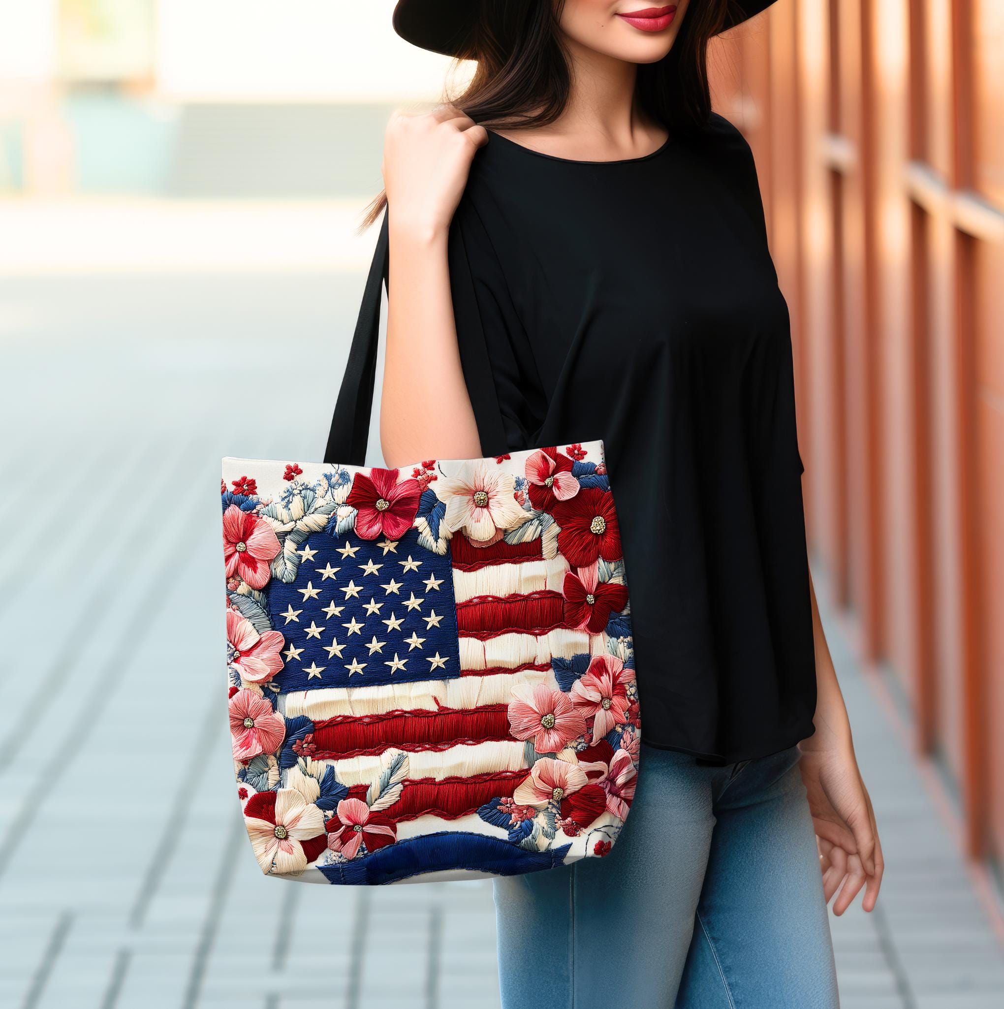 LELORESTORE Patriotic Floral Tote Bag American Flag Wildflower