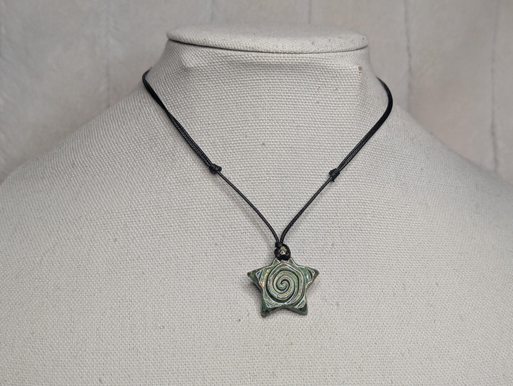 NoctemPottery Star Swirl Spiral Ceramic Pendant Necklace Adjustable Cord