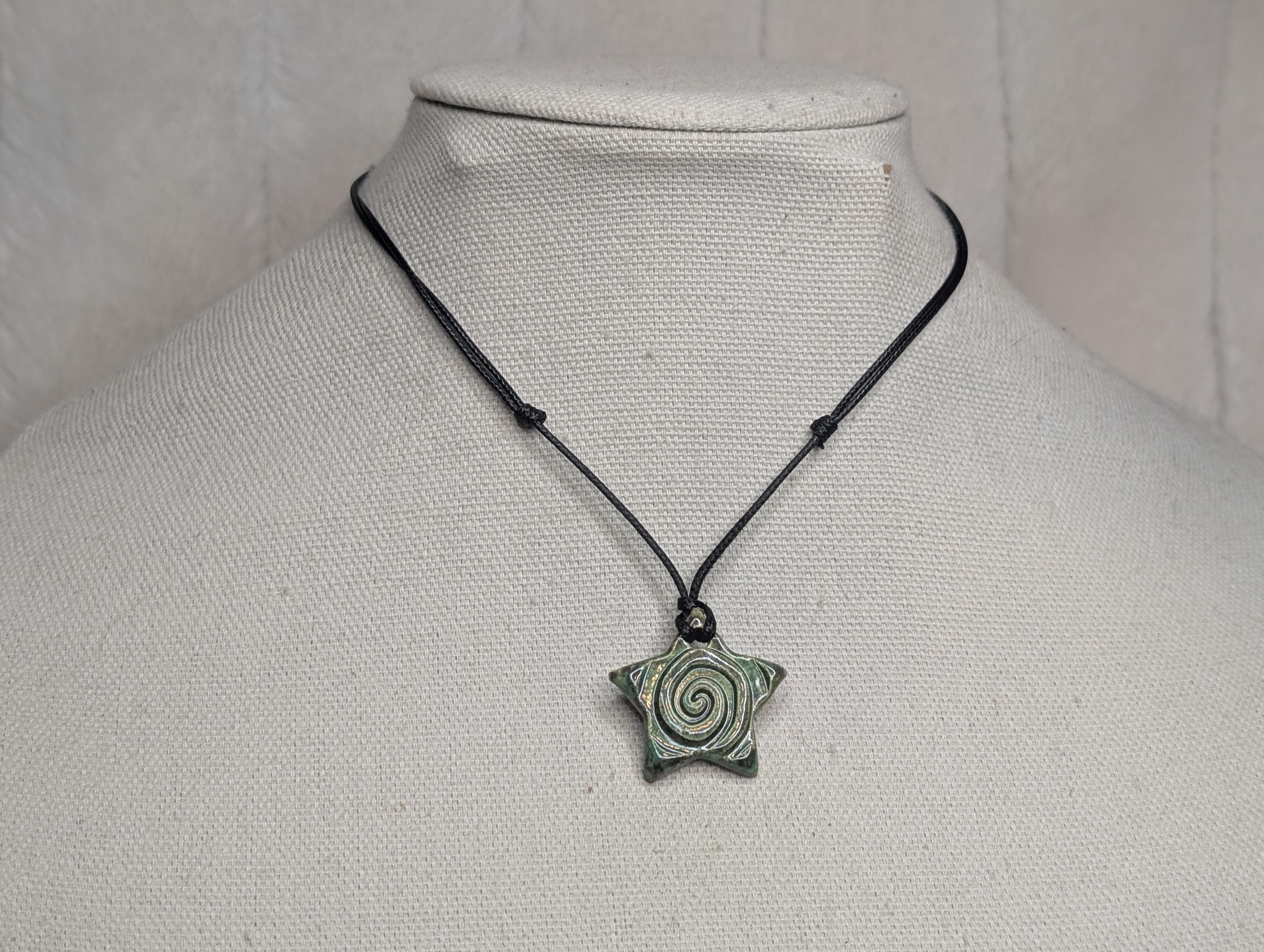 NoctemPottery Star Swirl Spiral Ceramic Pendant Necklace Adjustable Cord