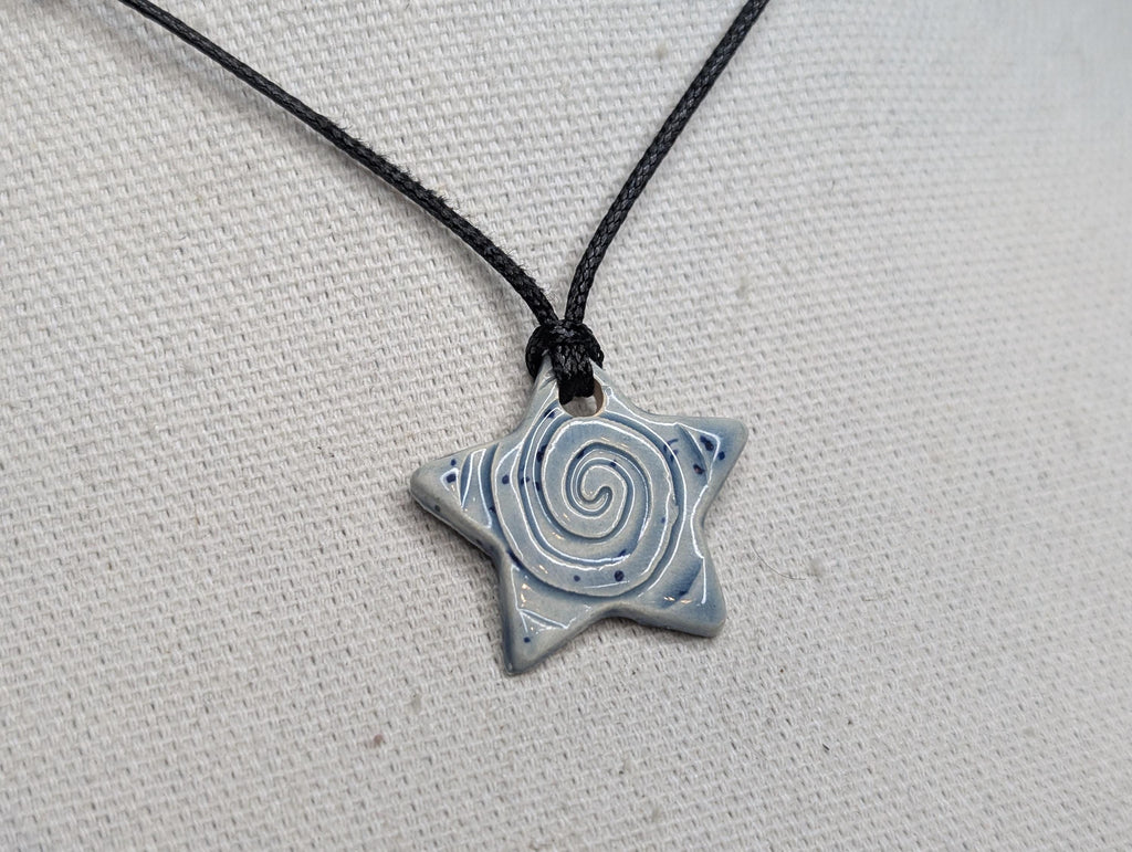 NoctemPottery Star Swirl Spiral Ceramic Pendant Necklace Adjustable Cord