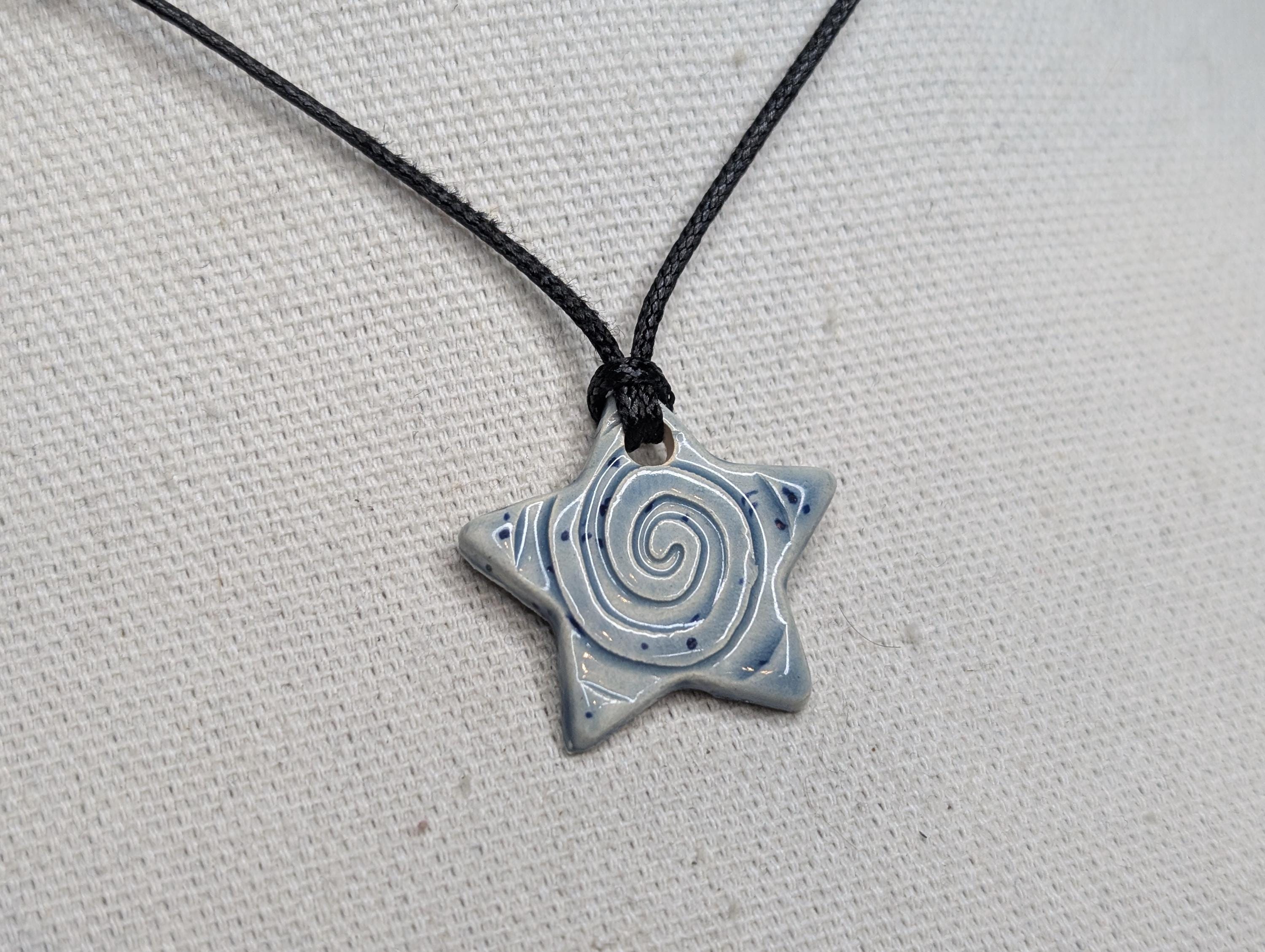 NoctemPottery Star Swirl Spiral Ceramic Pendant Necklace Adjustable Cord