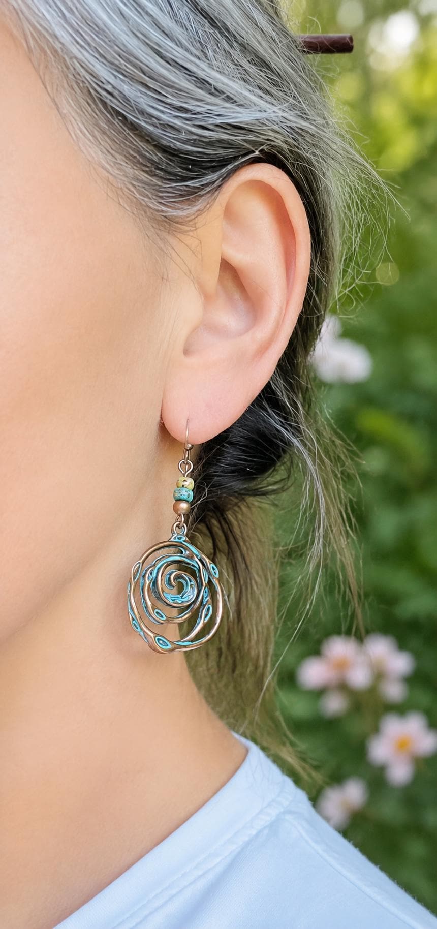 BohoWrapFrancesca Handmade Copper Patina Spiral Dangle Earrings Turquoise