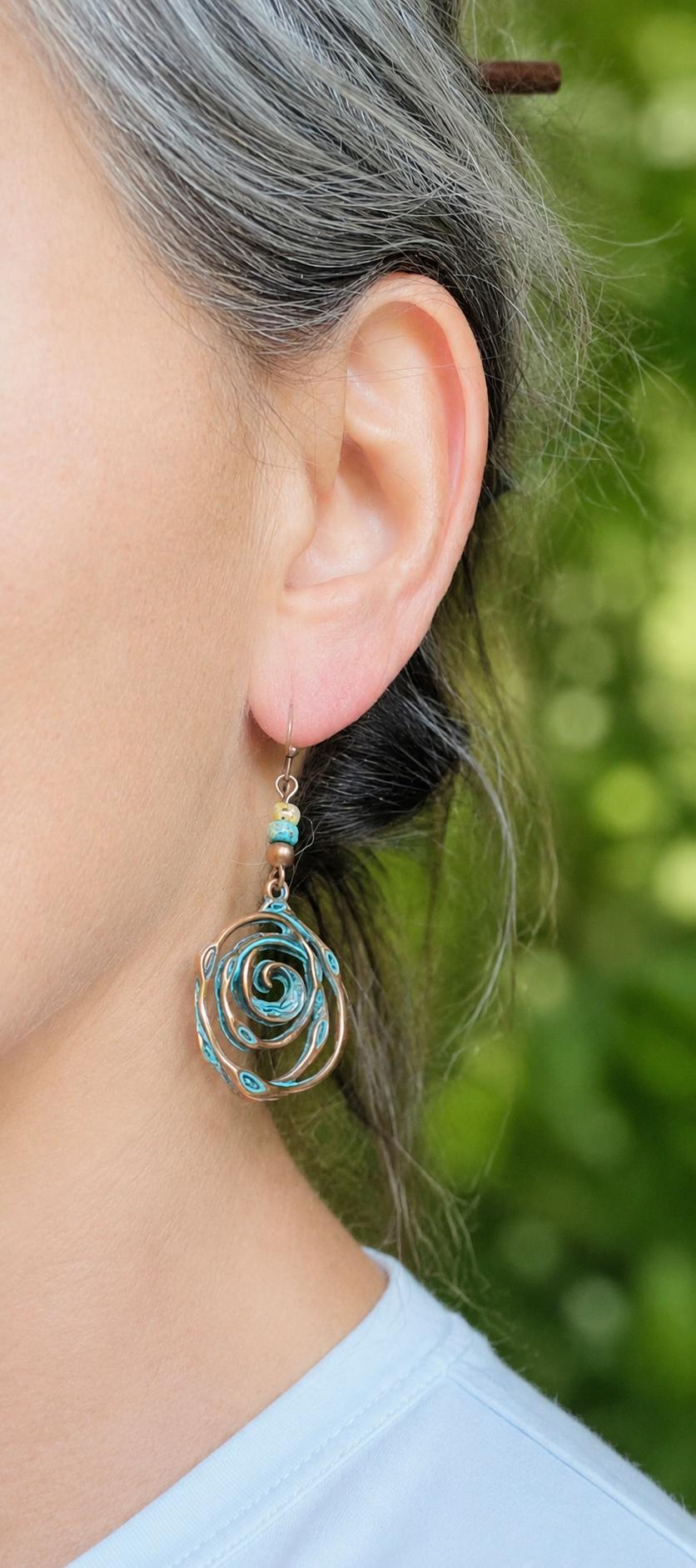 BohoWrapFrancesca Handmade Copper Patina Spiral Dangle Earrings Turquoise