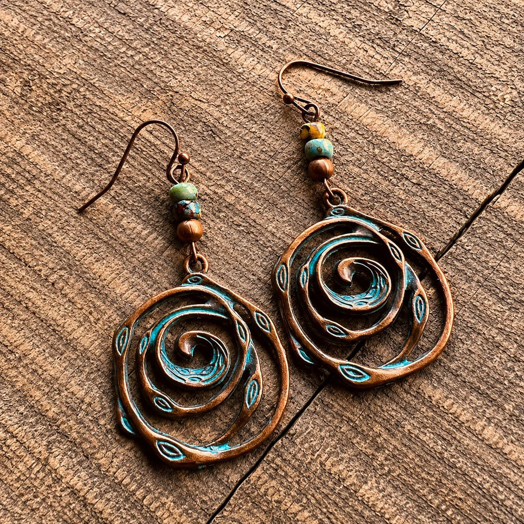 BohoWrapFrancesca Handmade Copper Patina Spiral Dangle Earrings Turquoise