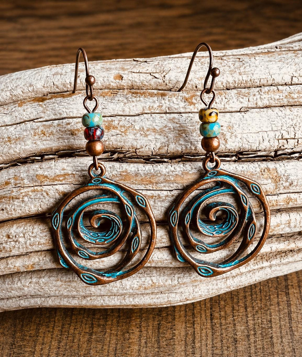 BohoWrapFrancesca Handmade Copper Patina Spiral Dangle Earrings Turquoise