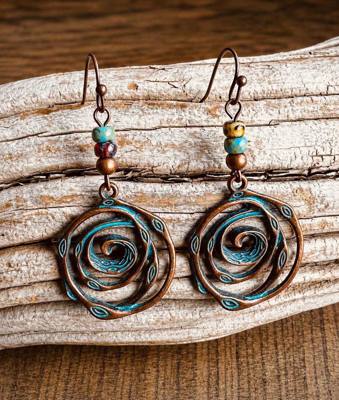 BohoWrapFrancesca Handmade Copper Patina Spiral Dangle Earrings Turquoise