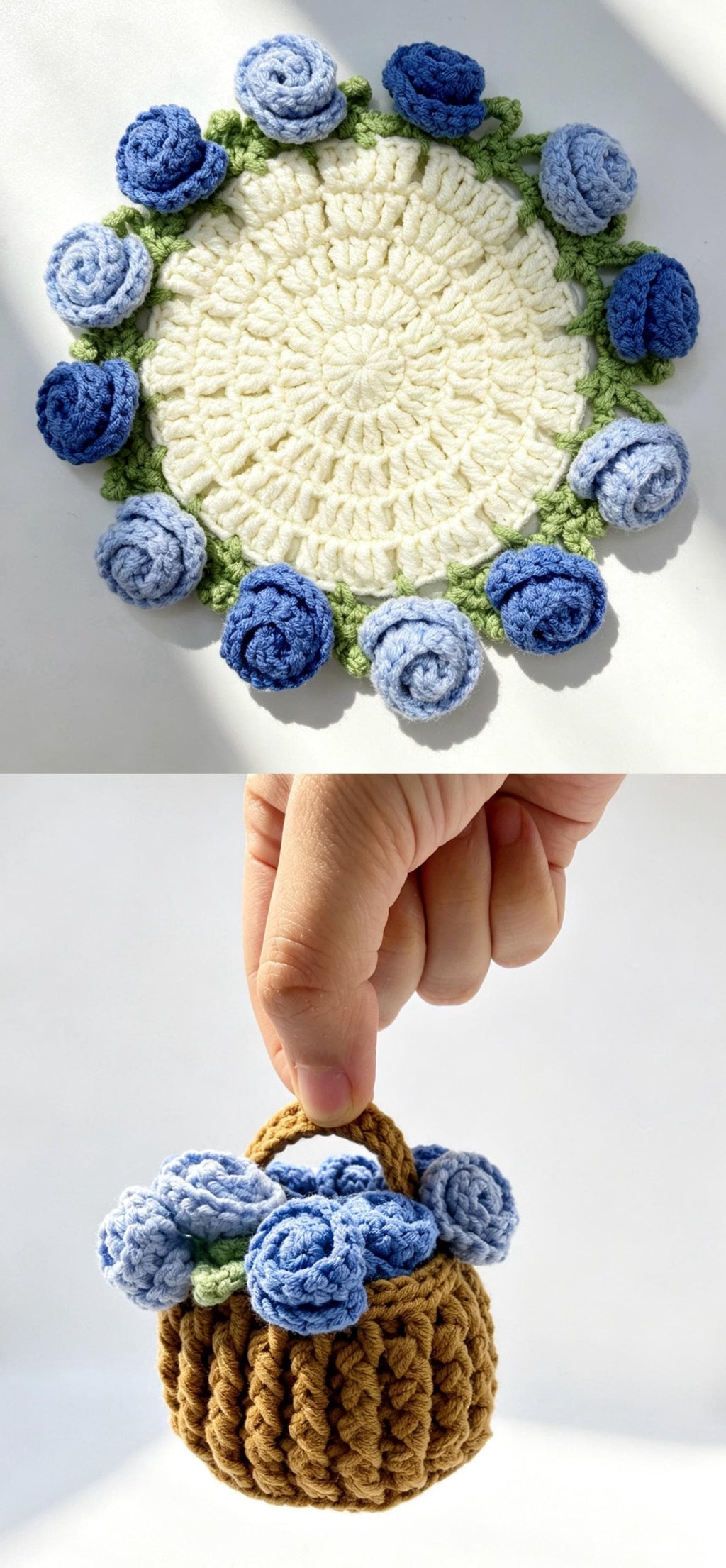 Handmade Crochet Flower Coaster Set with Basket Holder Cotton