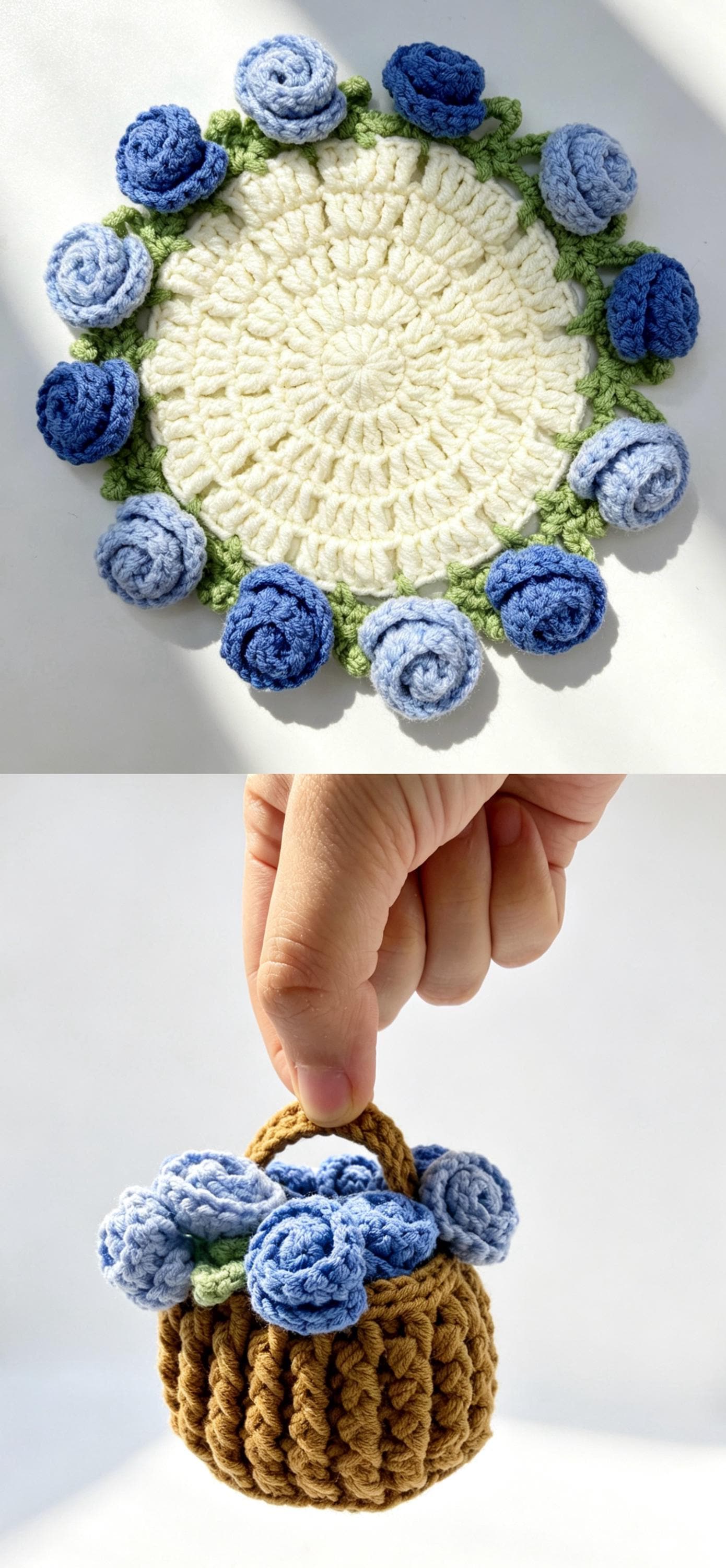 Handmade Crochet Flower Coaster Set with Basket Holder Cotton