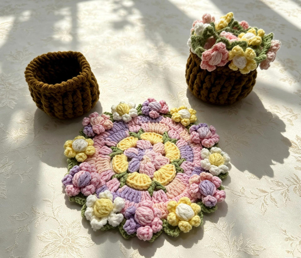 CrochetRecipe Morandi Corn Poppy Crochet Coaster Set Pastel 6in