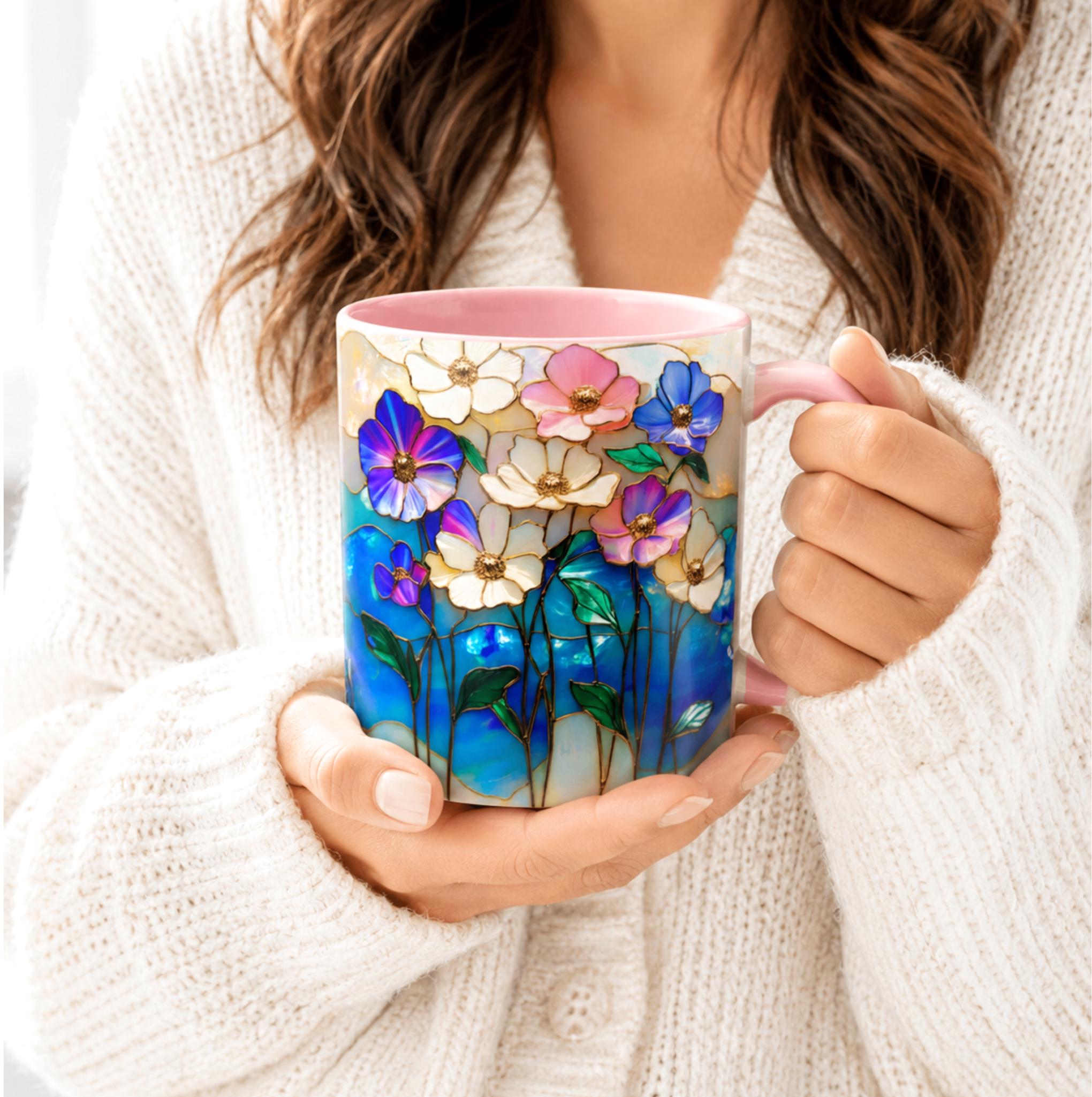 LELORESTORE Stained Glass Style Floral Mug 11oz Wildflower Coffee Cup
