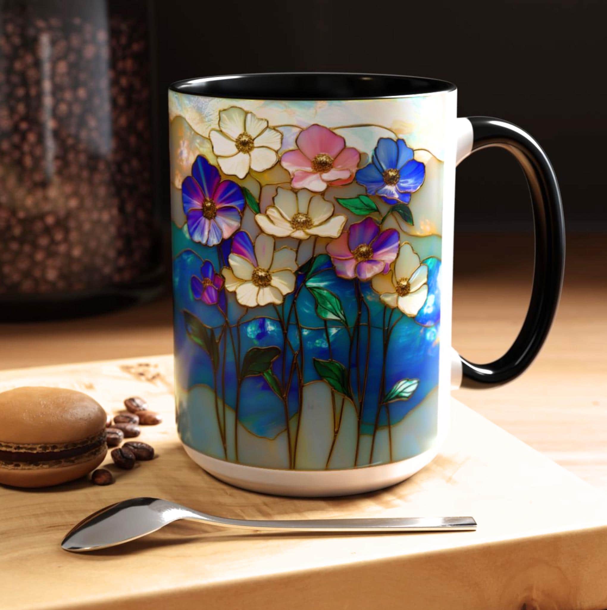 LELORESTORE Stained Glass Style Floral Mug 11oz Wildflower Coffee Cup