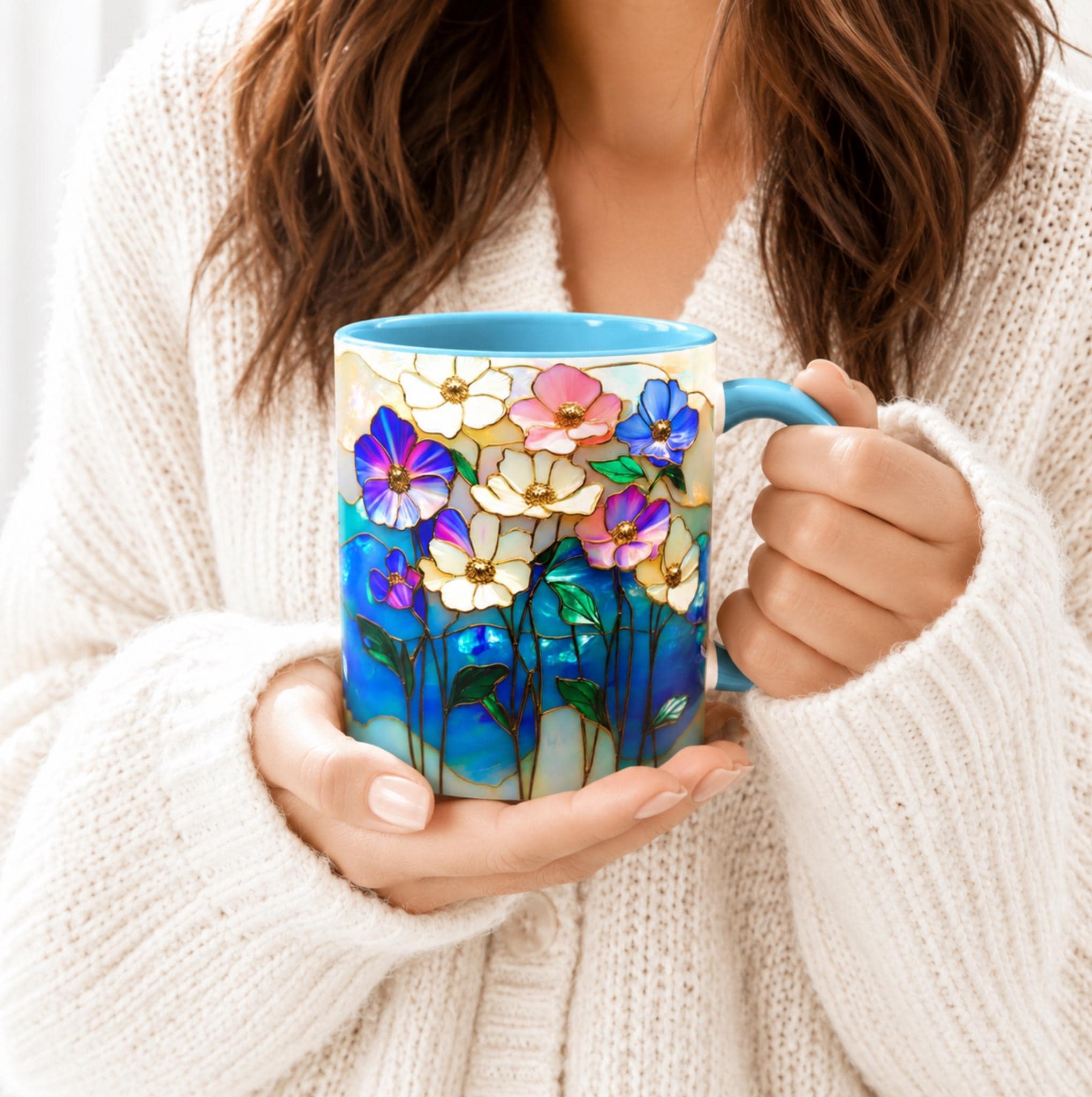 LELORESTORE Stained Glass Style Floral Mug 11oz Wildflower Coffee Cup