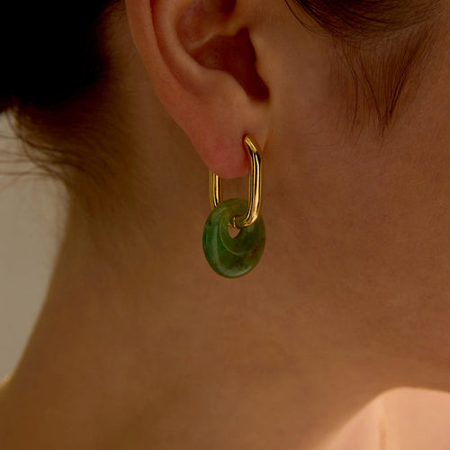 EcloraTreasures Natural Jade Dangle Hoop Earrings Gold Plated 10mm