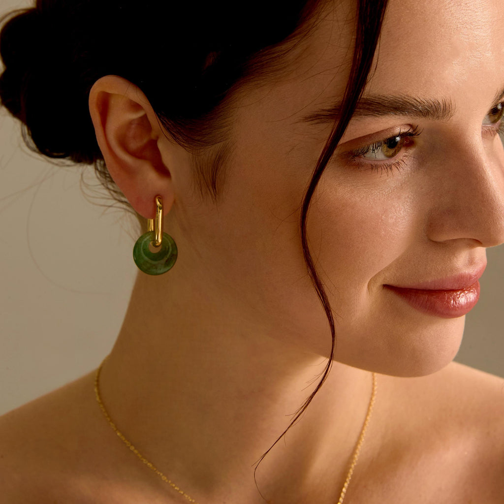 EcloraTreasures Natural Jade Dangle Hoop Earrings Gold Plated 10mm