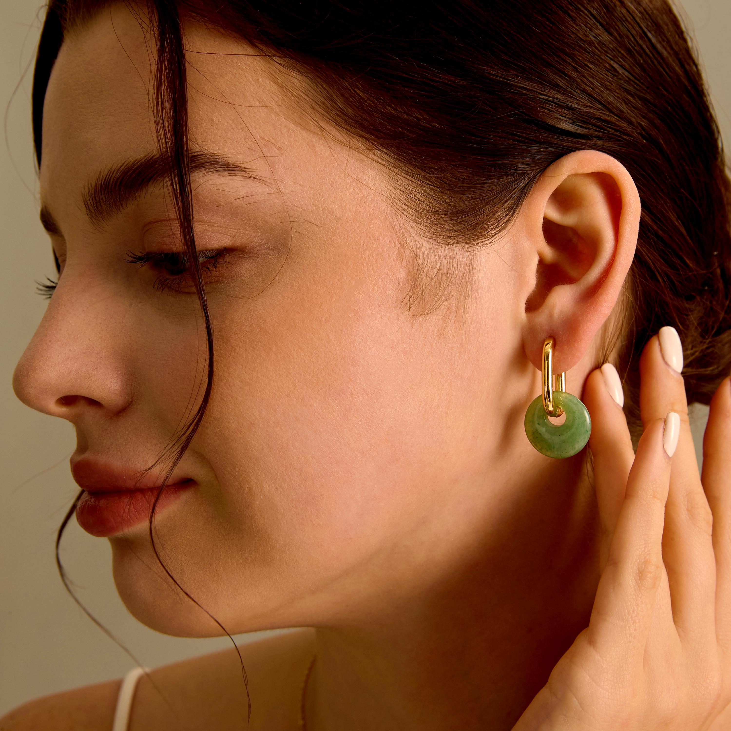 EcloraTreasures Natural Jade Dangle Hoop Earrings Gold Plated 10mm