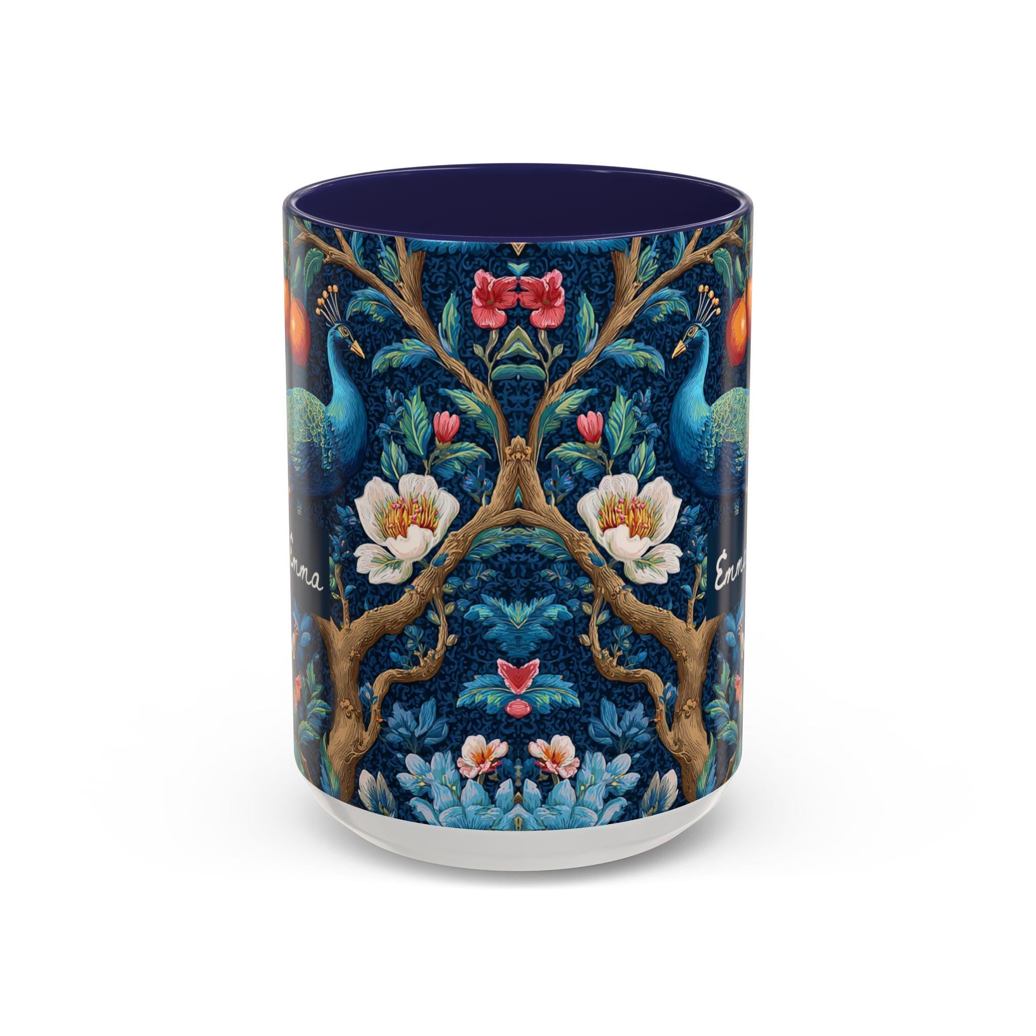 Personalized Peacock Floral Mug, Maximalist Bird Cottagecore Ceramic Cup