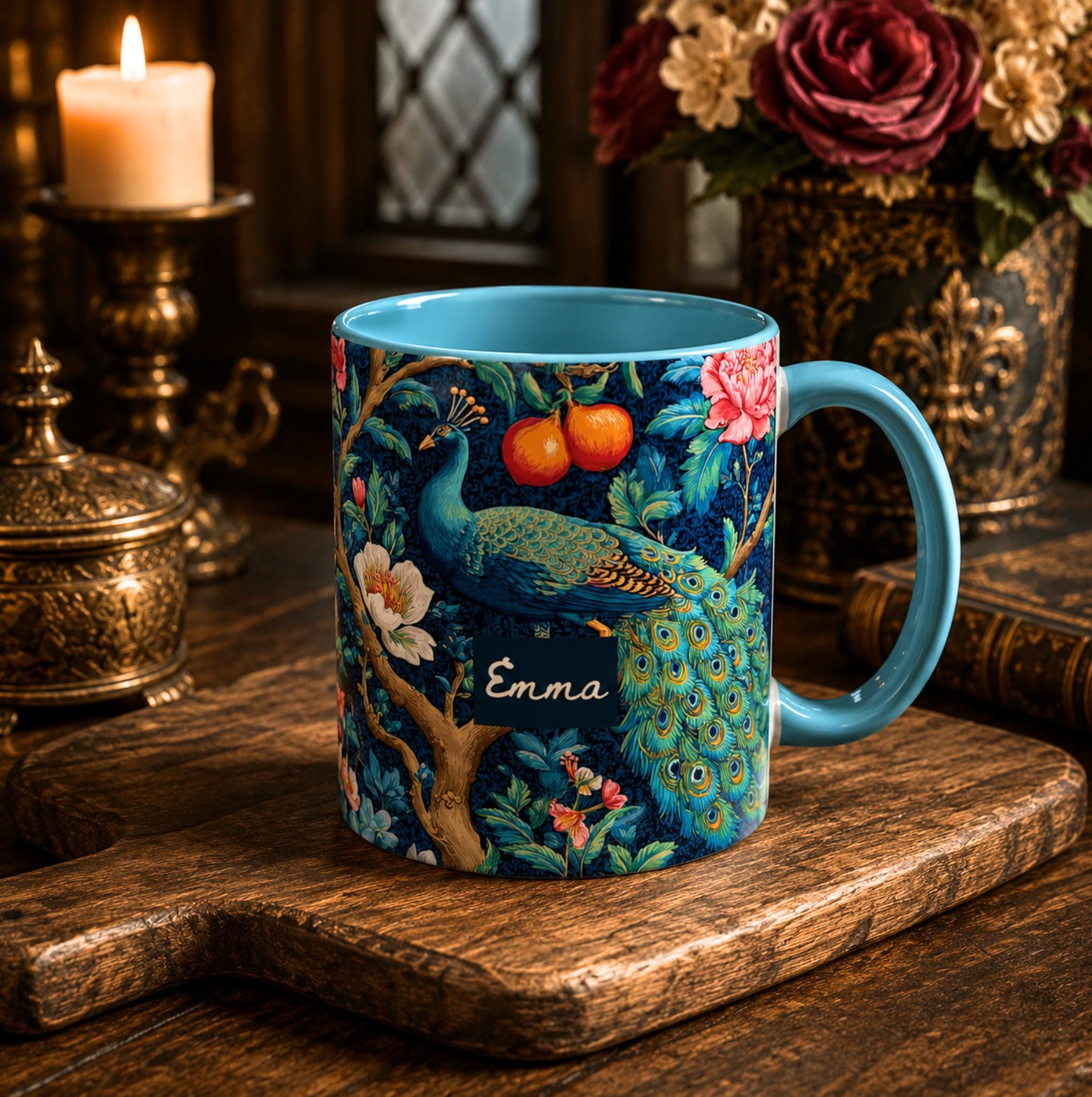 Personalized Peacock Floral Mug, Maximalist Bird Cottagecore Ceramic Cup