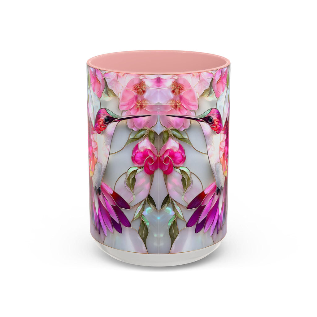 Pink Faux Stained Glass Hummingbird Mug, Floral Botanical Coffee Cup