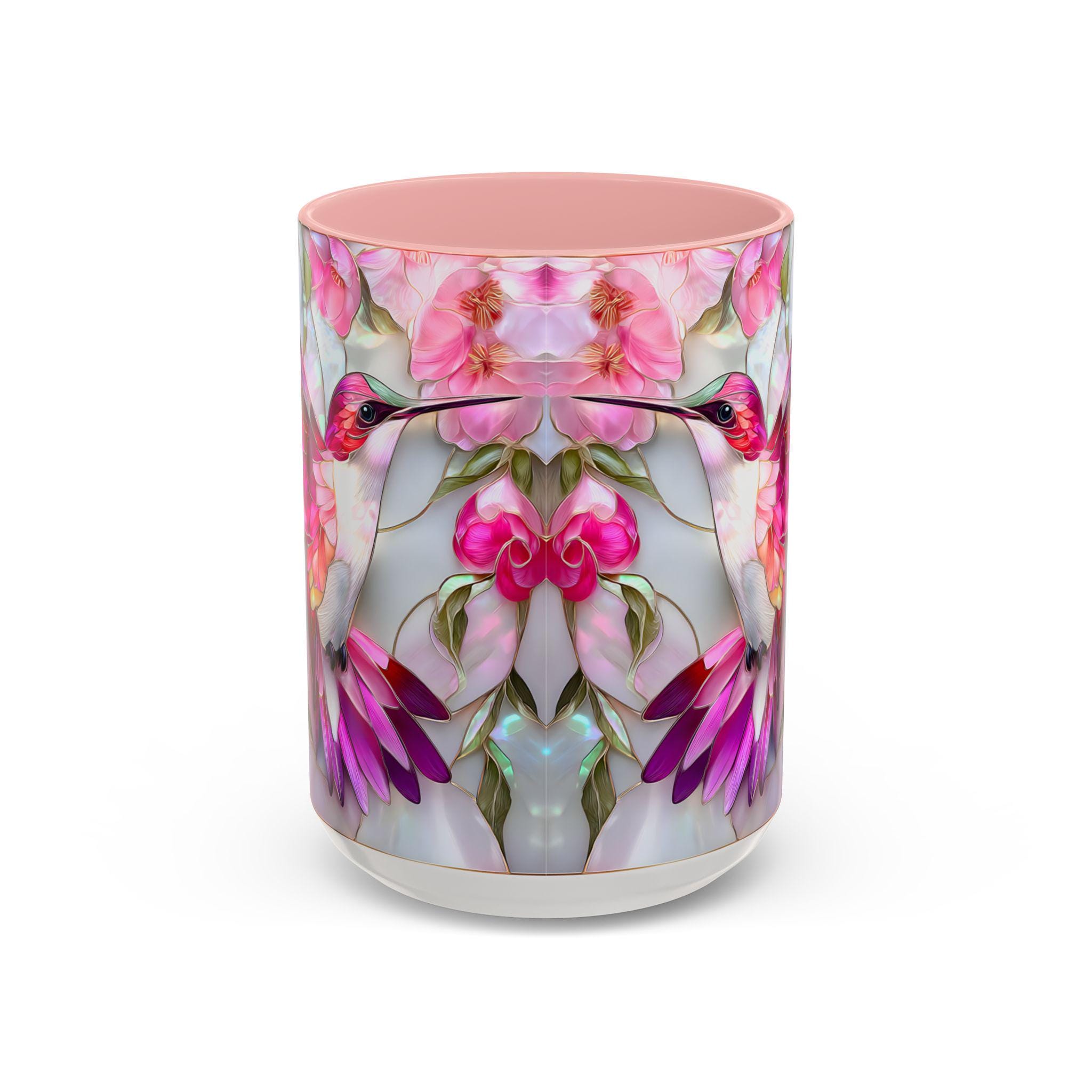 Pink Faux Stained Glass Hummingbird Mug, Floral Botanical Coffee Cup