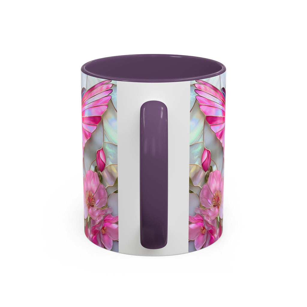 Pink Faux Stained Glass Hummingbird Mug, Floral Botanical Coffee Cup