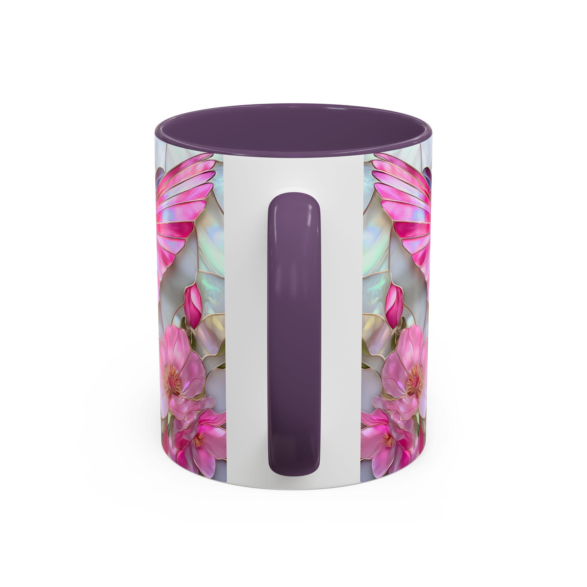 Pink Faux Stained Glass Hummingbird Mug, Floral Botanical Coffee Cup