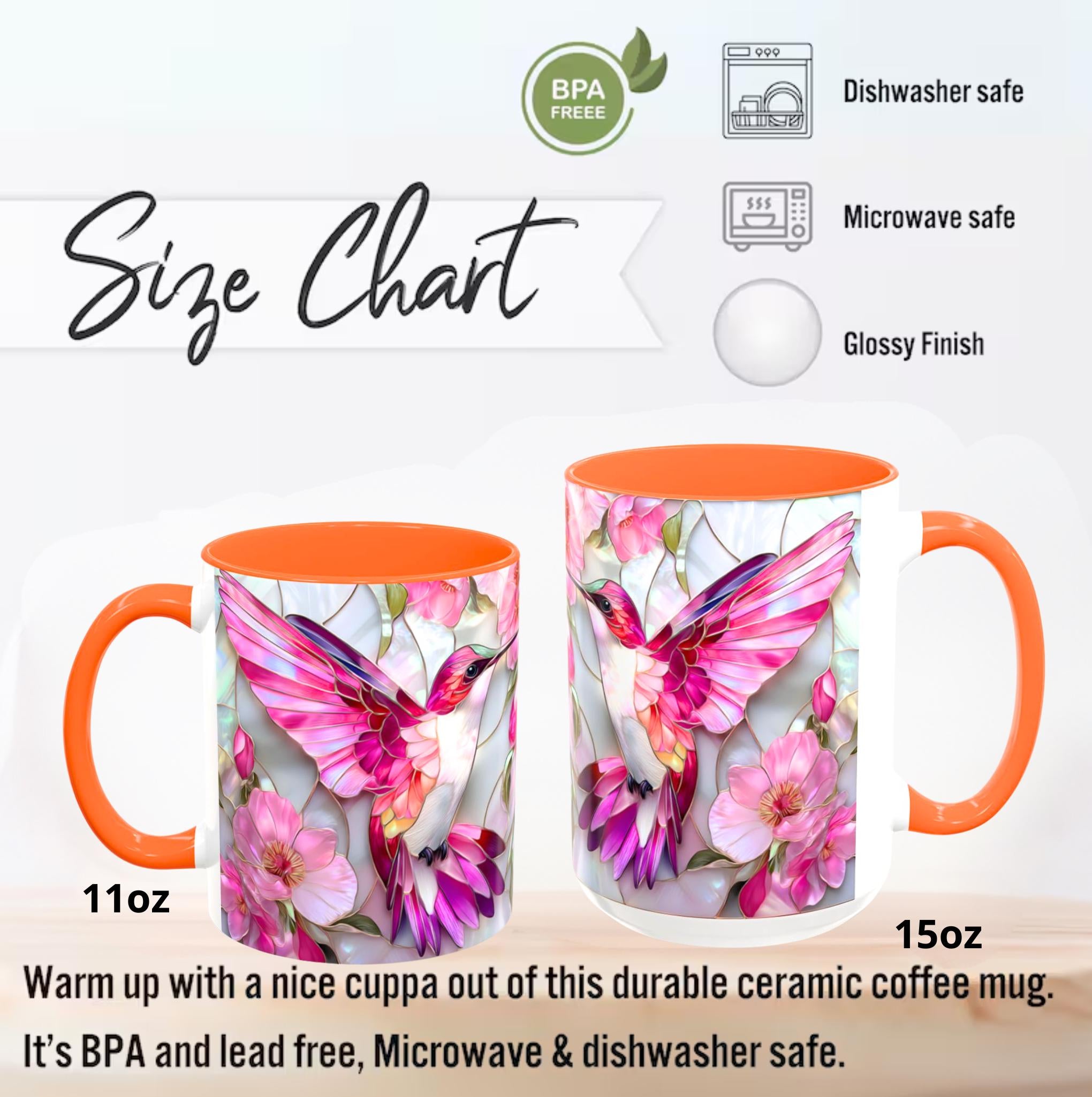 Pink Faux Stained Glass Hummingbird Mug, Floral Botanical Coffee Cup