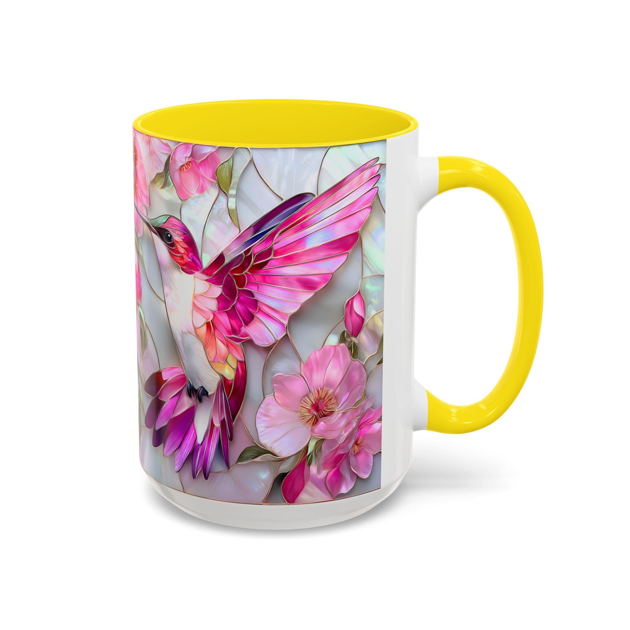 Pink Faux Stained Glass Hummingbird Mug, Floral Botanical Coffee Cup