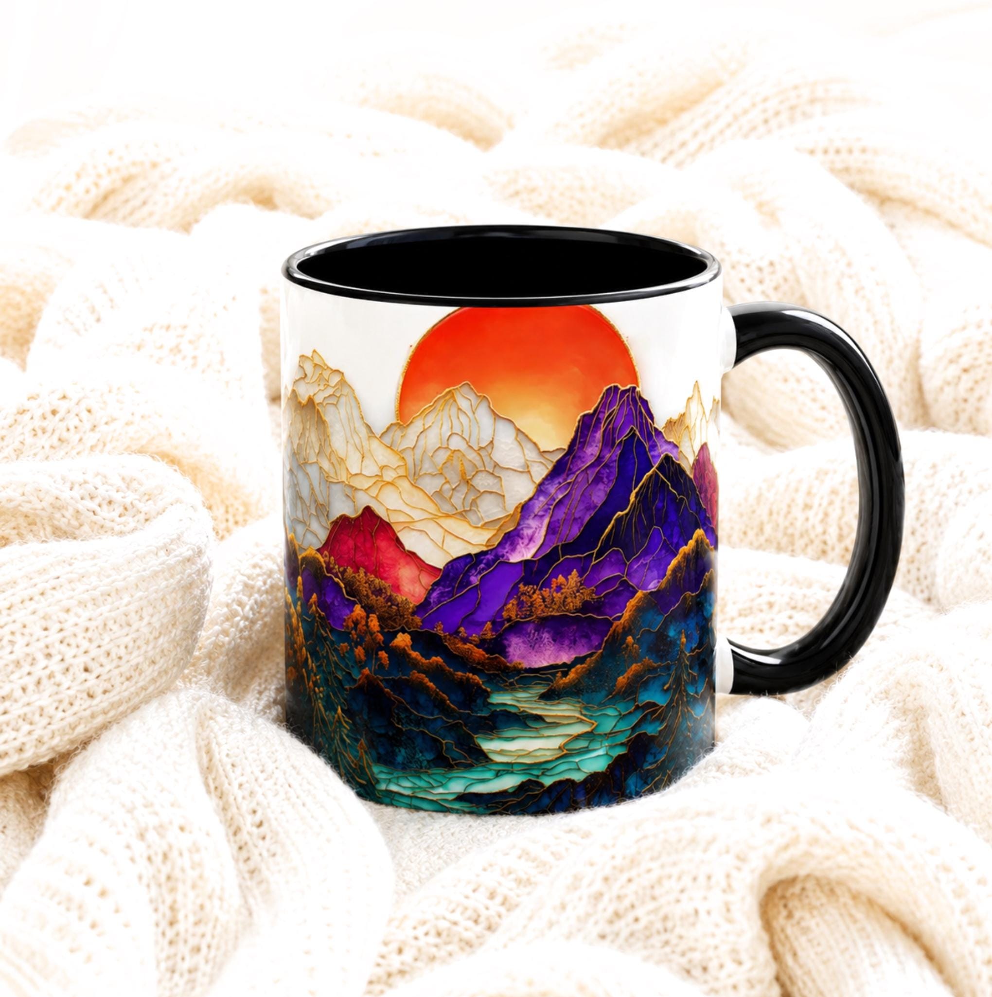 LELORESTORE Mountain Landscape Stained Glass Style Ceramic Coffee Mug