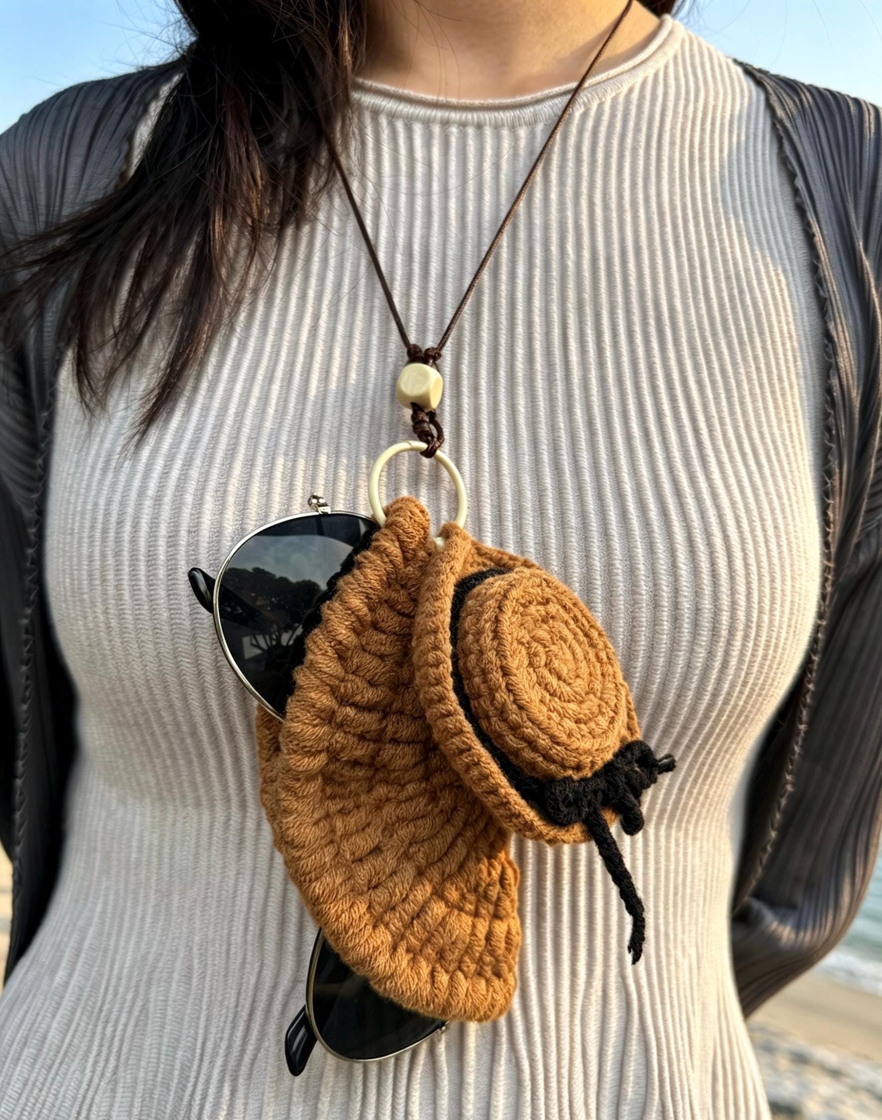CrochetRecipe Handmade Piggy Bear Crochet Eyeglass Holder Stand Brown