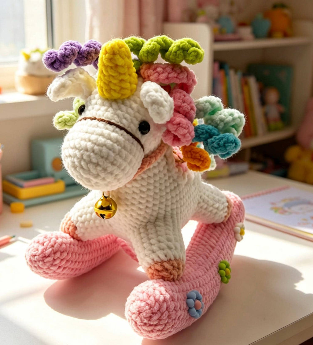 CrochetRecipe Handmade Crochet Rocking Unicorn Toy 7in Pink