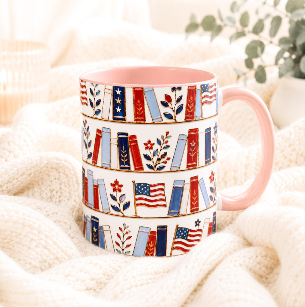 Patriotic Bookshelf Mug Faux Stained Glass American Flag Ceramic Coffee Cup